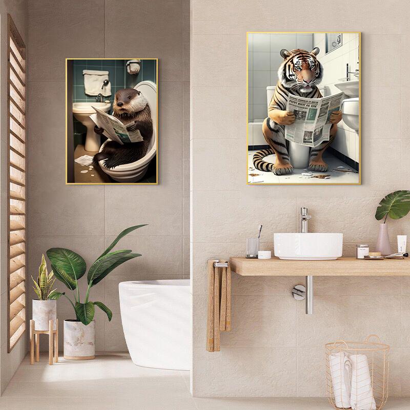Funny Bathroom Humorous Animal Bear Dog Tiger Sitting On Toilet Reading Newspaper Canvas Painting Posters and Prints Wall Art
