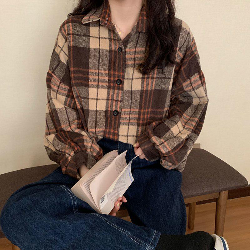 Damen Verdicktes Gebürstetes Karoshirt: Lockere Passform im koreanischen Stil, figurschmeichelnde Langarmbluse für Herbst und Frühling.