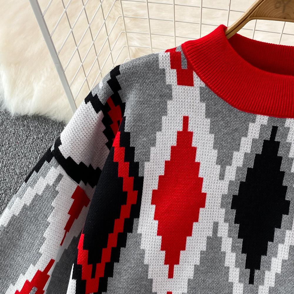 Conjunto de Moda para Mujer Otoño Invierno Suéter Holgado de Manga Larga a Cuadros Conjunto de Dos Piezas Pantalones de Punto Rectos de Pierna Ancha Adelgazantes de Cintura Alta