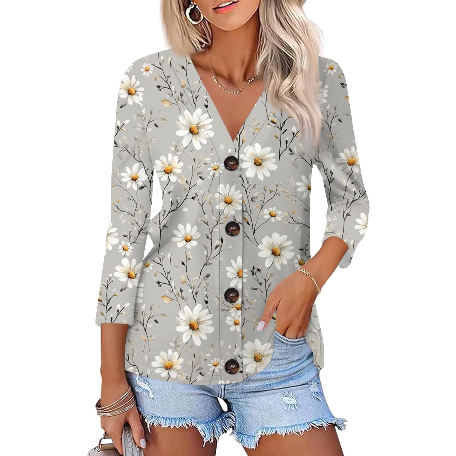 

Women s Fashion Casual Print Button-down Shirt 3/4 Long Sleeve Tops M