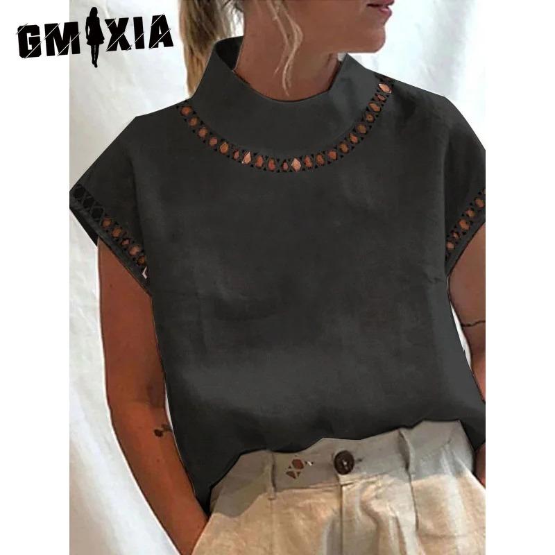 GMXIA Women's Fashion Casual Solid Color Print Short Sleeve Blouses & Shirts