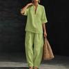 Vintage Style Women's Linen Suit: Loose V-Neck Top & Wide Leg Pants Two-Piece Set for Summer