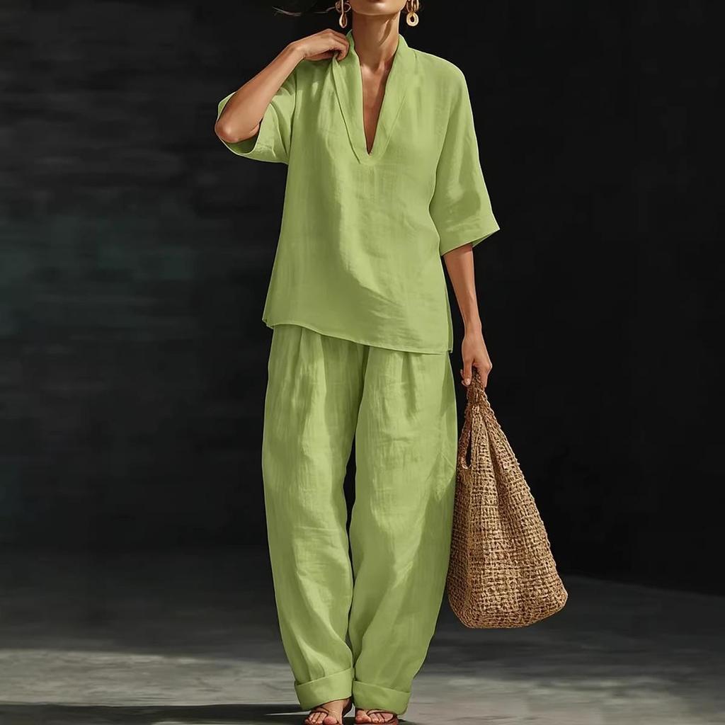 Vintage Style Women's Linen Suit: Loose V-Neck Top & Wide Leg Pants Two-Piece Set for Summer
