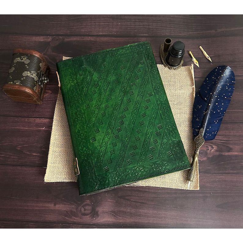 Seven stone Leather journal Handmade Embossed Vintage Leather Bound Green Notebook Sketchbook Diary Best Gift For Him