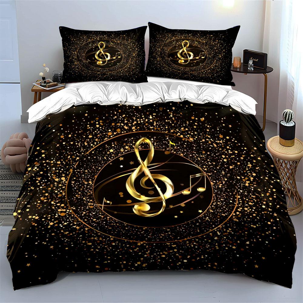 3-teiliges goldenes Violinschlüssel-Glitzerstern-Bettwäsche-Set Schwarz Musiknoten-Bettwäsche Enthält 1 Bettbezug und 2 Kissenbezüge Geschenk