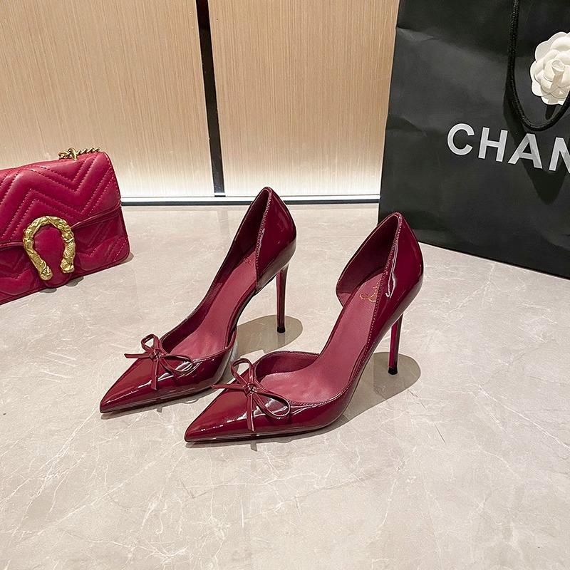2025 side empty new nude bow French high heels femininity patent leather pointed heel summer single shoes women