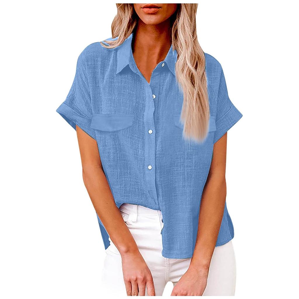 Women's Fashionable Loose-Fit Casual Shirt Button-Up Short-Sleeve Cotton-Linen Blend Top
