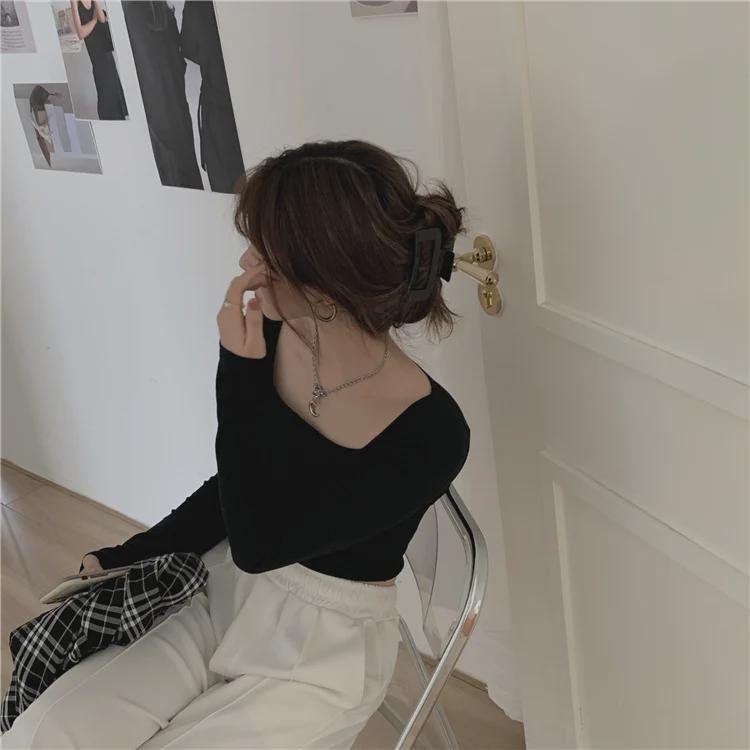 Damski crop top slim-fit 2025: Kwadratowy dekolt z długim rękawem, styl koreański na wiosnę i jesień