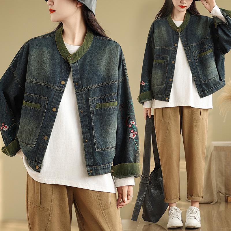 2024 Women's Loose Korean Style Embroidered Denim Jacket with Stand Collar and Long Sleeves