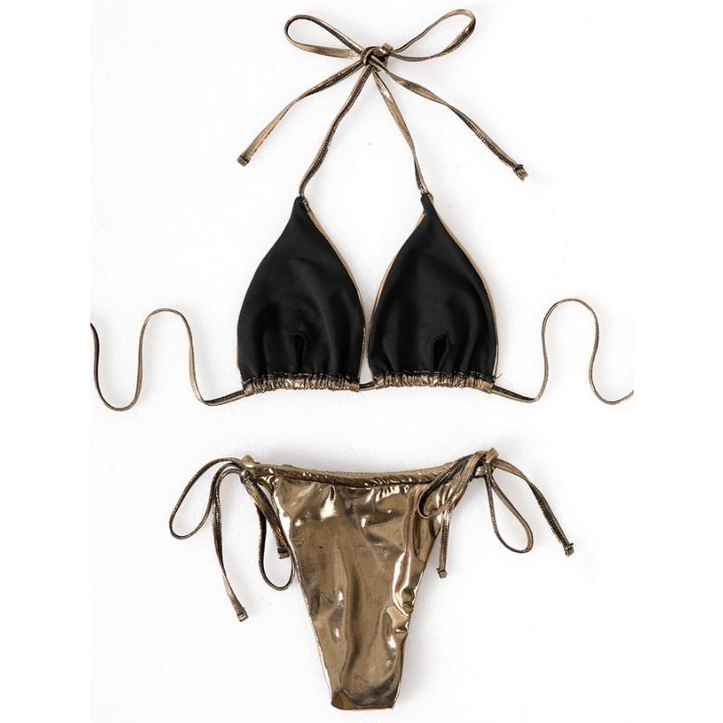 Neckholder-Push-up-BH, Strand-Badeanzug, Badebekleidung, Strandkleidung, 3-teiliges Bikini-Set mit Faltenrock, glänzender massiver Gold-Badeanzug