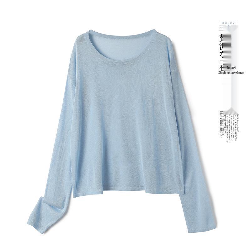 

Женский летний полупрозрачный вязаный пуловер с майкой - Легкий топ с длинным рукавом и круглым вырезом One Size синий