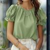 ZANZEA Blusa Feminina de Verão Casual de Manga Curta com Gola Redonda
