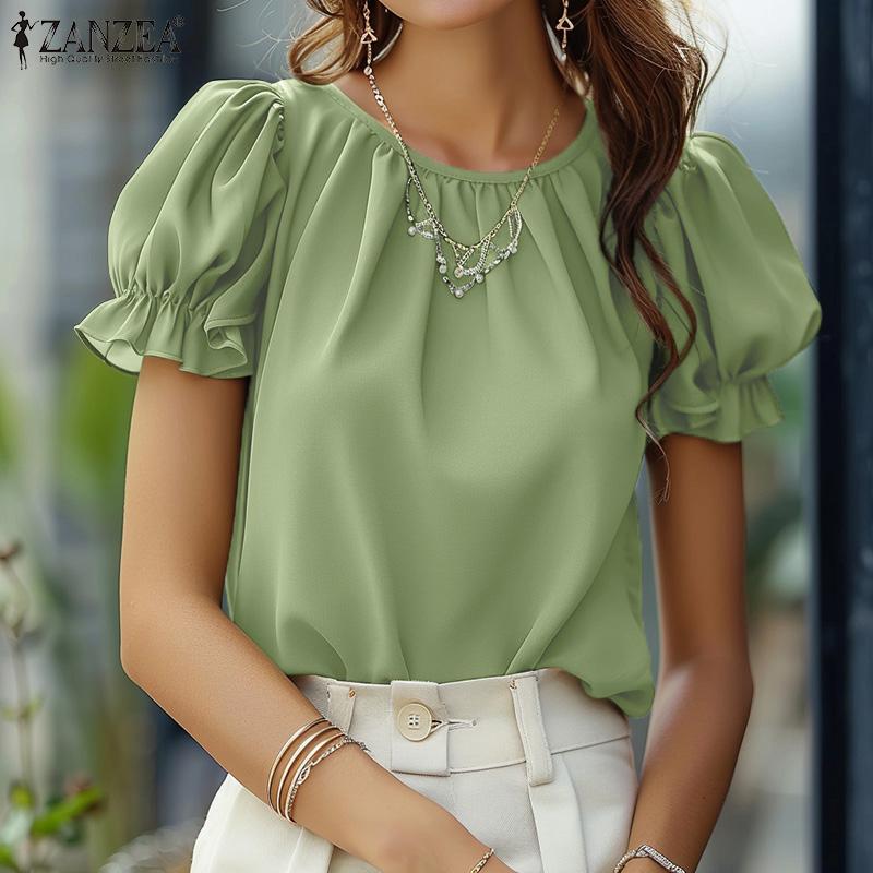 ZANZEA Blusa Feminina de Verão Casual de Manga Curta com Gola Redonda