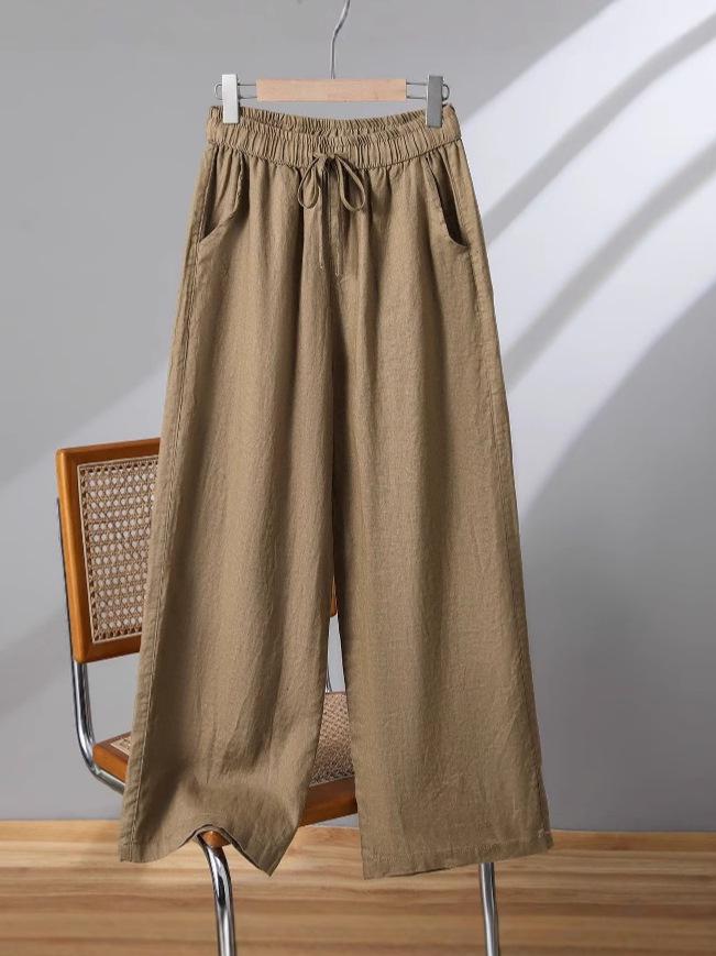 Hohe Taille Baumwolle Leinen Damen Weite Beine Verkürzte Hosen - Koreanischer Stil, Große Größen, Kordelzug, für Frühling, Sommer, Herbst