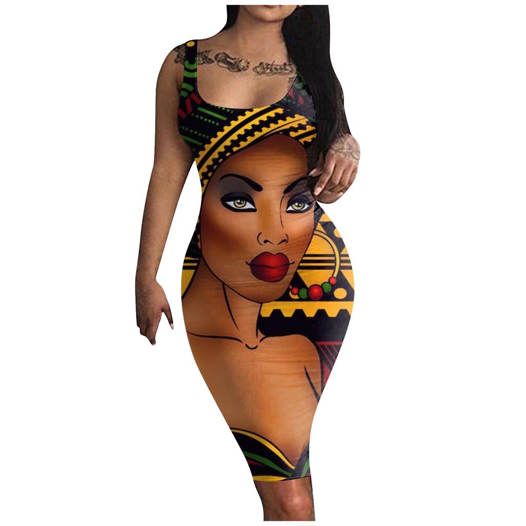 Dámské sexy body tílko Šaty bez rukávů Midi délka Tenké tělové šaty Party Beach Seznamka Šaty bez rukávů Abstraktní umělecký tisk