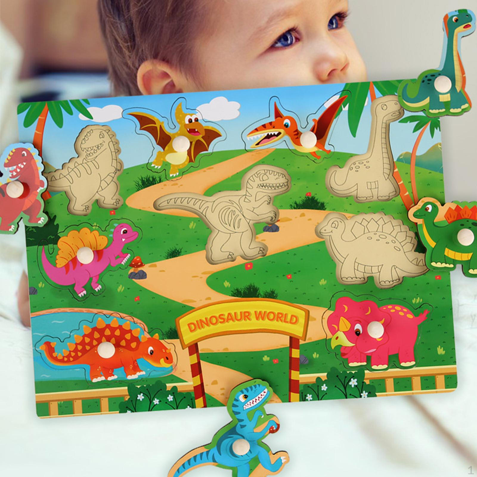Animals Wooden Puzzle Cartoon Jigsaw Hand Eye Coordination Peg Board for Kids Dinosaur World