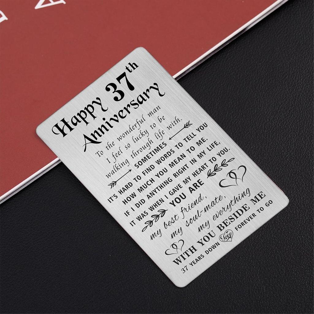 TANWIH 37th Anniversary Card for Husband - 37 Years Down Forever to Go - 37 Year Wedding Anniversary Card Gifts for Him Men, Engraved Metal Wallet