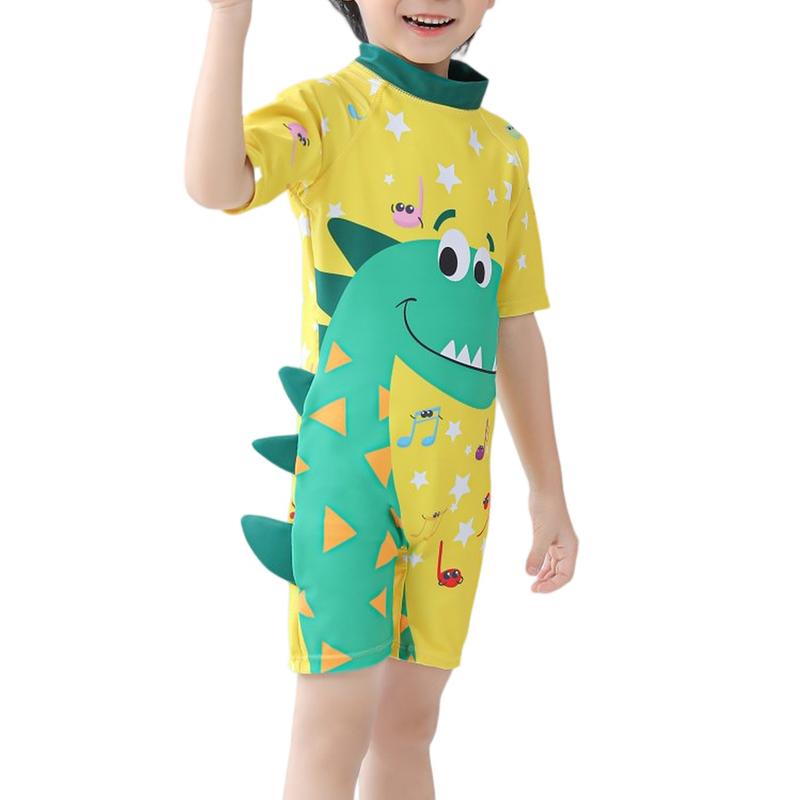 Boys Short Sleeve Hooded One-Piece Swimsuit Cartoon Dinosaur Print Beach Swimwear Summer Kids Swim Shirt with Matching Swim Cap