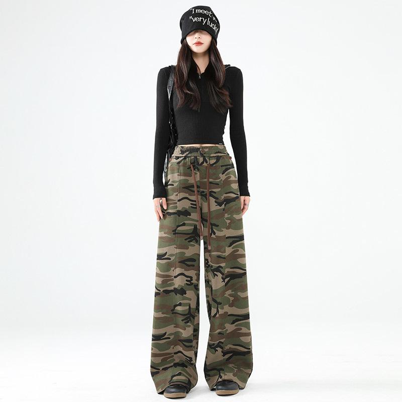 Camouflage Wide-leg Pants Women's Spring New High Street Loose High-waisted Narrow Wide-leg Casual and Thin Floor Pants