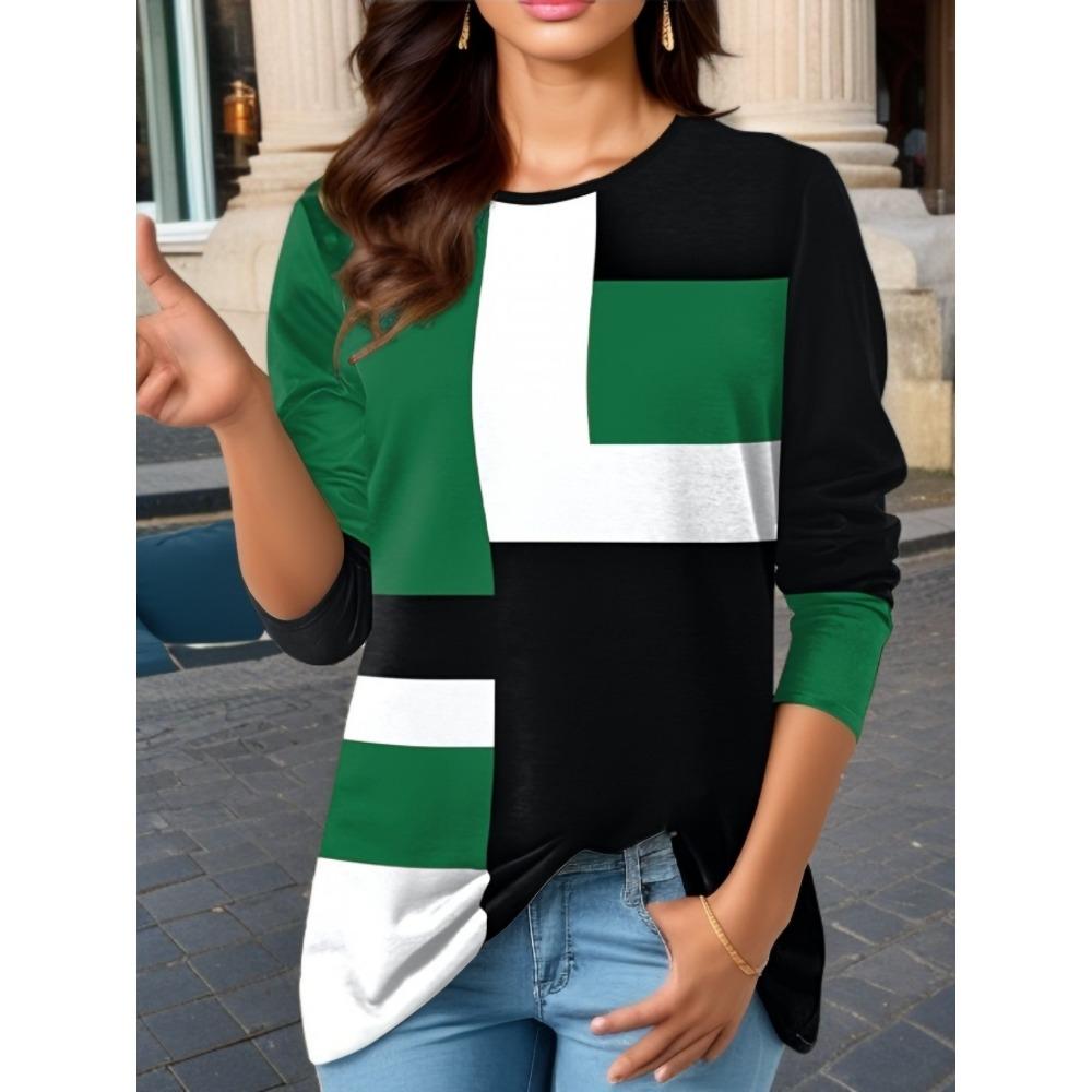 Damen Neues Modisches Bedrucktes Rundhals Langarm T-Shirt