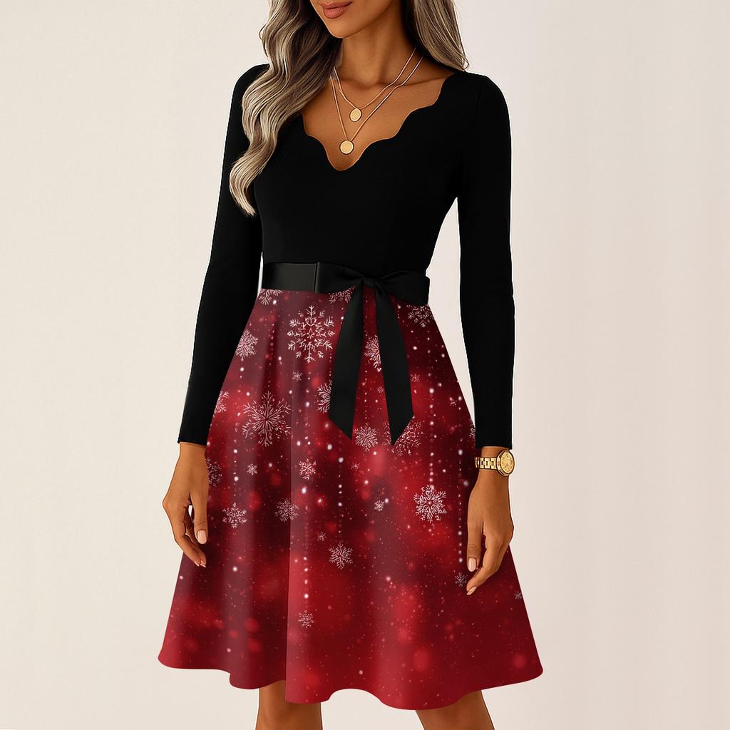 Women's Casual Fashion Long Sleeve Christmas Graphic Printed Vintage Long Dresses