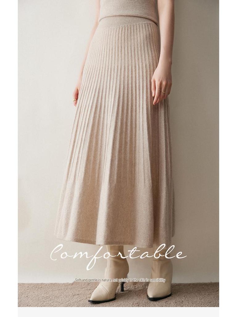 2025 Autumn/Winter Women's High-Waisted Knitted Cashmere A-Line Skirt with Slimming Flared Pleats