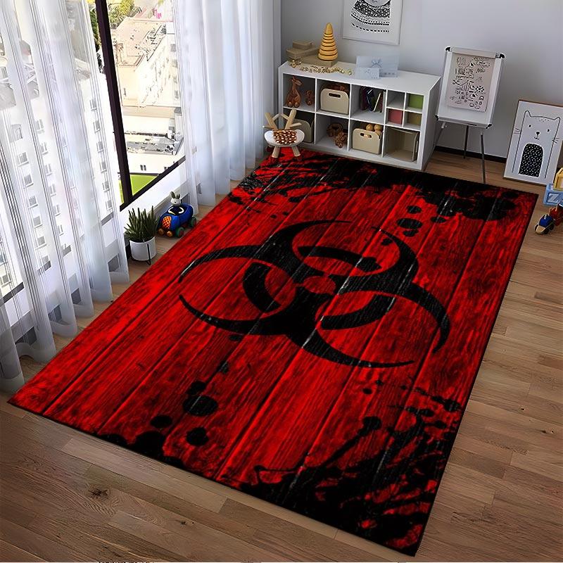 Red and Black Biohazard Symbol Pattern Rug with Grunge Style Design Suitable for use as an anti-slip for living room bedroom sofas