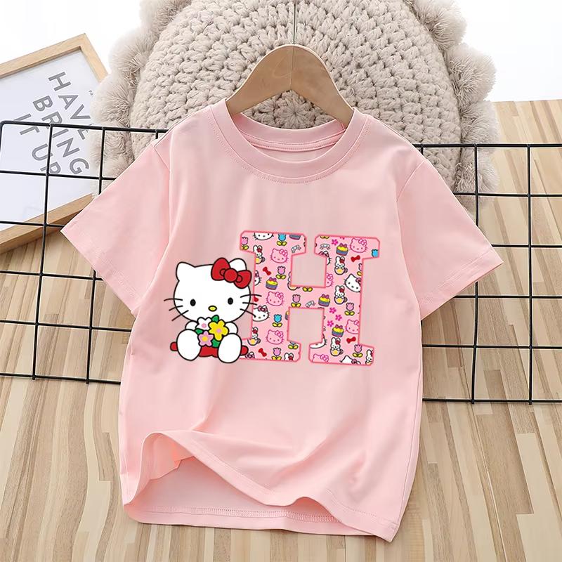 2026 Summer New Trendy Cool Childrens Tshirt Katie Cat Letter Printed Pure Cotton Round Neck Parent Child Wear Unisex