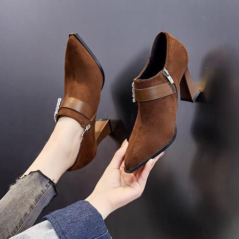 Fashion Spring New Coarse Heel Shoes Women's Pointed Suede Crystal Buckle Side Zipper Anti-slip Wear-resistant High Heels