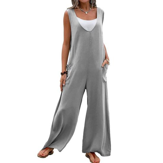 

Women Casual Loose Long Bib Pants Sleeveless Wide Leg Baggy Jumpsuits Cotton Romper Overalls with Pockets L серый