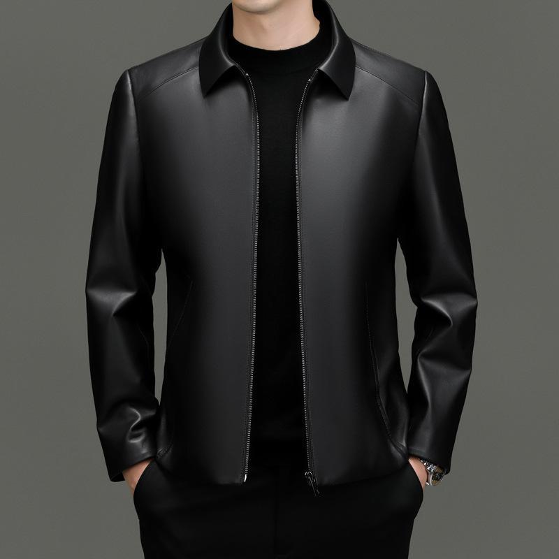 Haining is so good leather jacket spring and autumn new men's middle-aged and elderly fashion business lapel leather jacket sheepskin pattern jacket
