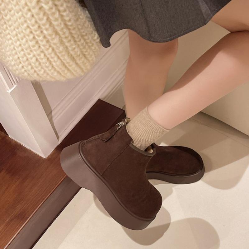 Vintage Chunky Fur Lining Women Snow Boots Comfort Platform Flats Warm Cotton Short Booties Winter Women's Plush Shoes