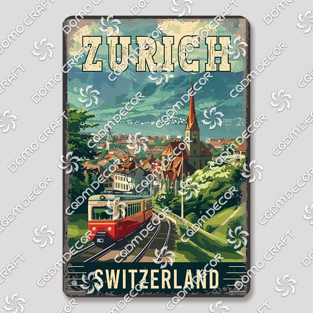 Suisse Plaque Scénique Panneau en Étain Affiche Métal Zurich Montreux Rigi Alpes Plaques Métalliques Décor Mural Rétro Café Salon Maison