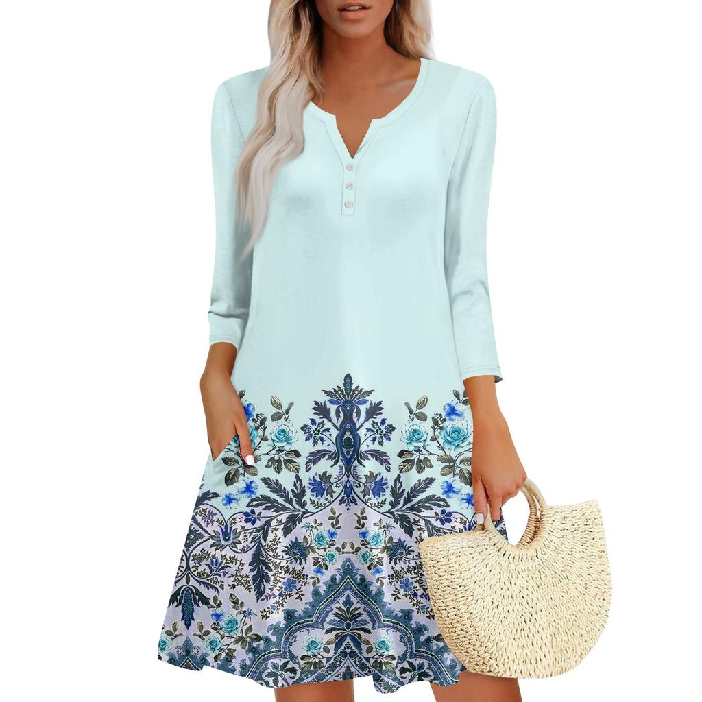Women's Summer Dress Loose V Neck Three-quarter Sleeve Sundress With Pockets Dress