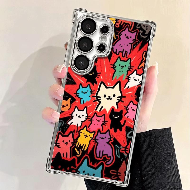 Cartoon Cute Cats Theme Plating Phone Case For Samsung Galaxy S24 S25 FE S26 Edge S23 Ultra S22 S21 Plus S20 Anti-Fall Airabag C