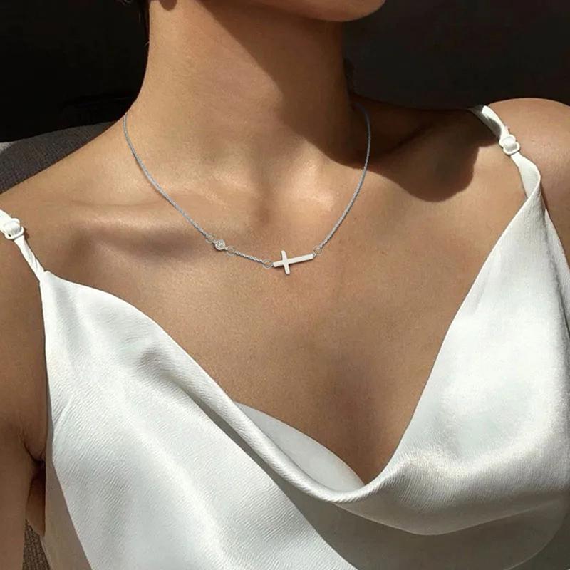 

Huitan Cross Round Cubic Zirconia Charm Necklace for Women Simple Versatile Female Neck Accessories Daily Wear Statement Jewelry