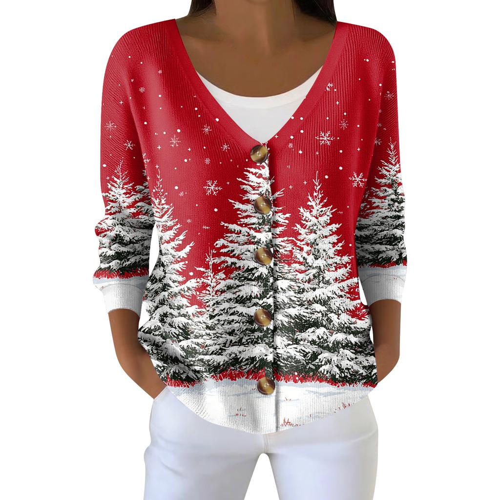 Damemote Langermet Christmas Snowman Snowflake Print Jakke Cardigan