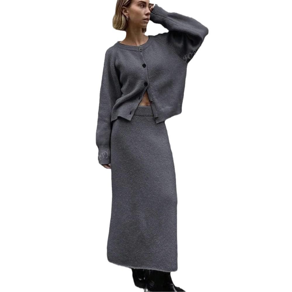 Podzim 2024 Dámský pletený top jednobarevný a dlouhá sukně s vysokým pasem