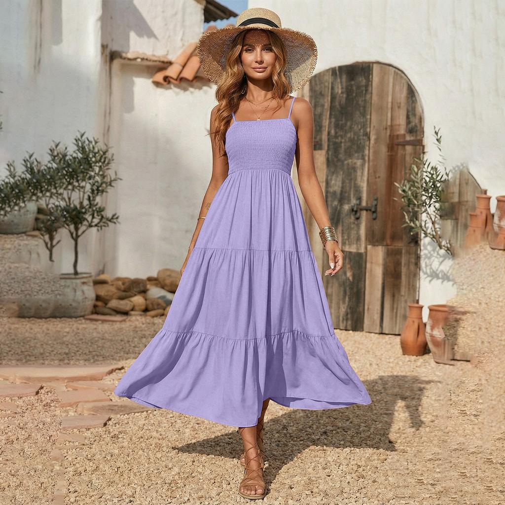 Fashionable Women's Casual Printed Tube Top Shoulder Strap Swing Dress