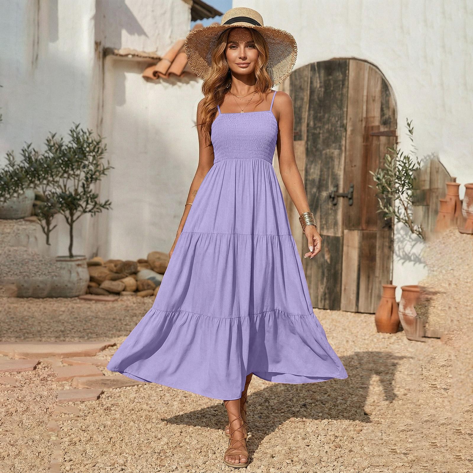 Damen Maxikleid mit Print, trägerlos, verstellbaren Trägern und ausgestelltem Saum für den Alltag M violett