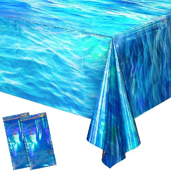 3 Pcs Iridescent Waves Tablecloths - Disposable Plastic Ocean Blue Table Cloth Rectangle Table Covers for Under the Sea Beach Surf Pool Party