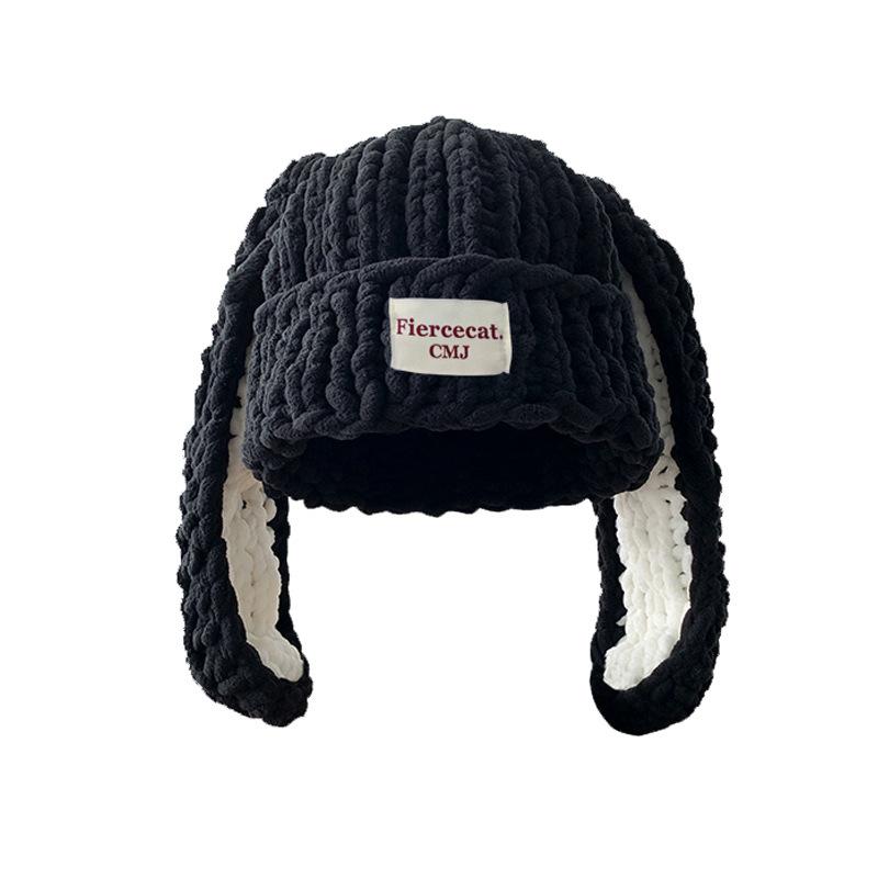 Korean Cute Long Rabbit Ears Thick Woolen Hat for Women In Autumn and Winter New Thickened Warm Ear Protection Pure Handmade Knit Hat