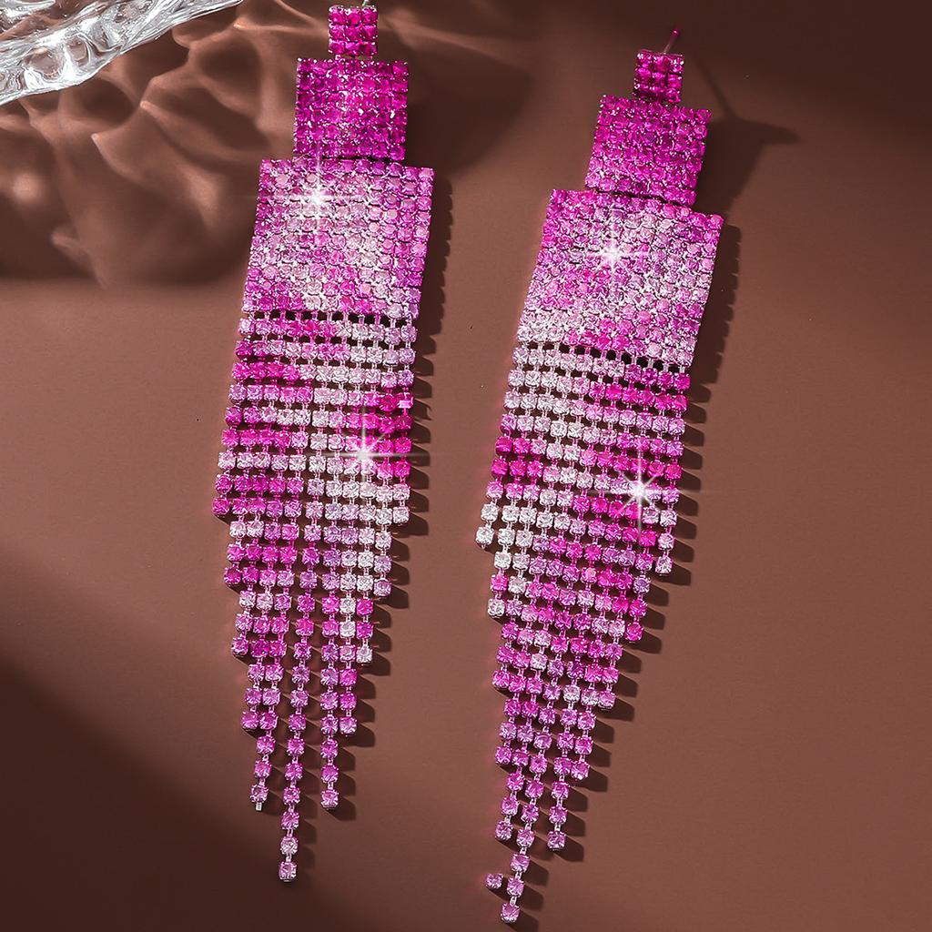 Color Diamond-Set Long Fringed Earrings, Heavy Industry Exaggerated Design Earrings, Fashion Earrings