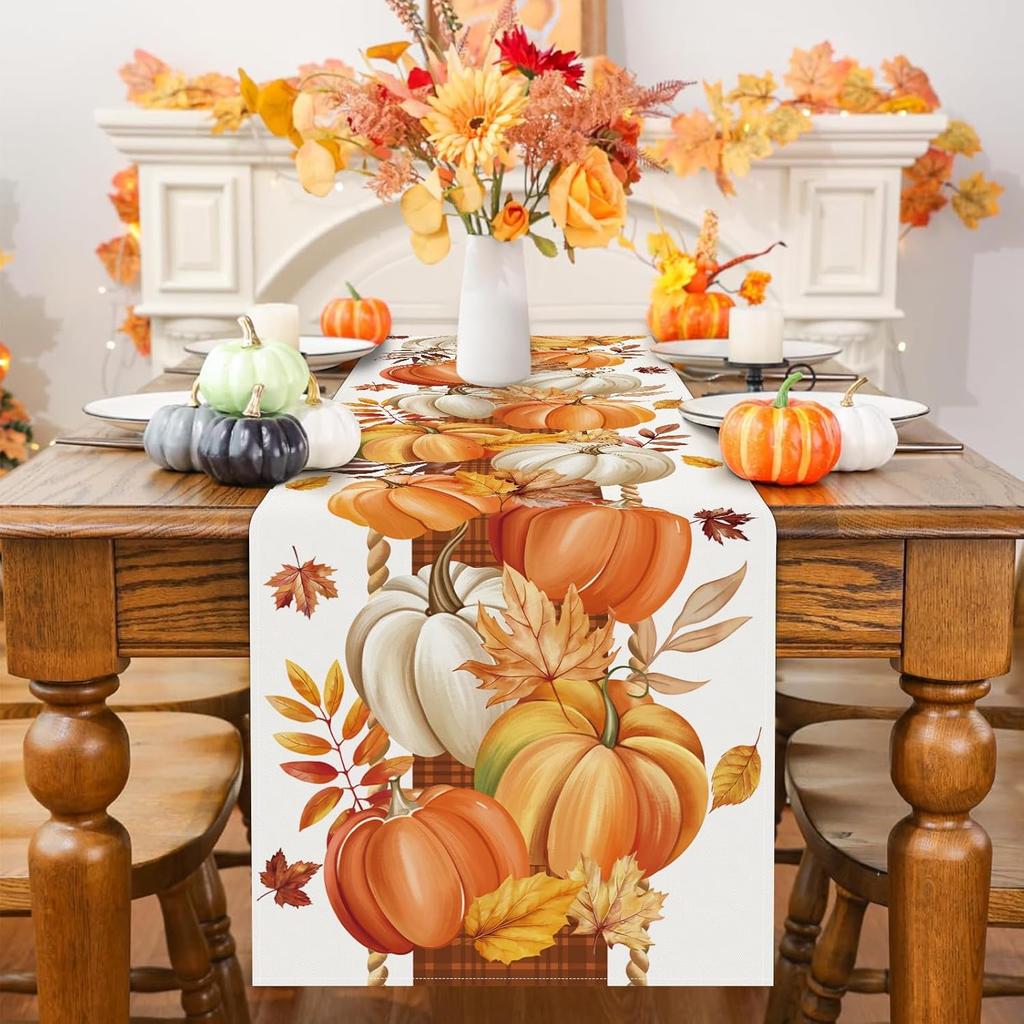 Bonhause Fall Pumpkin Leaves Table Runner 13x90 Inch Orange Buffalo Plaid Autumn Thanksgiving Harvest Kitchen Dinning Table Decoration for Indoor