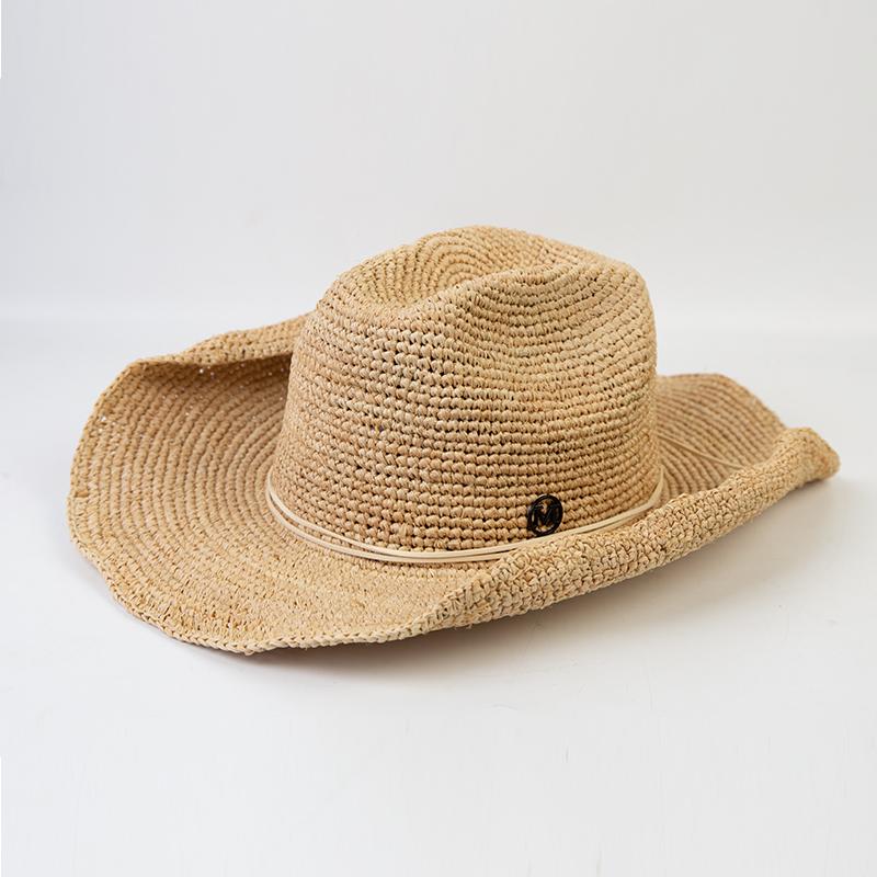 Handgehäkelter Western-Cowboyhut aus natürlichem Raffiastroh für Damen Herren Sommer Breiter Rand Sonnenhut Outdoor Atmungsaktiv Strand Panama