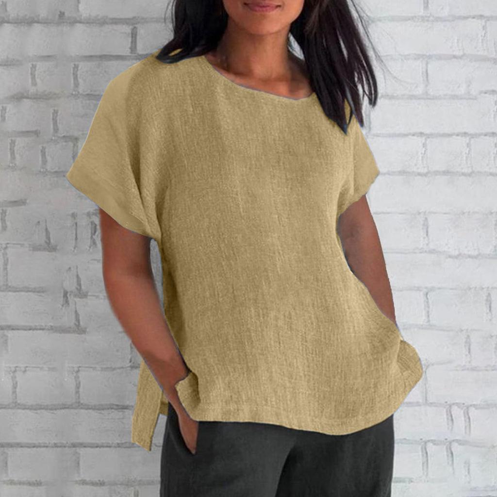 Women's Fashion Short Sleeve Round Neck Solid Colour Loose Casual Shirt Cotton Blouse