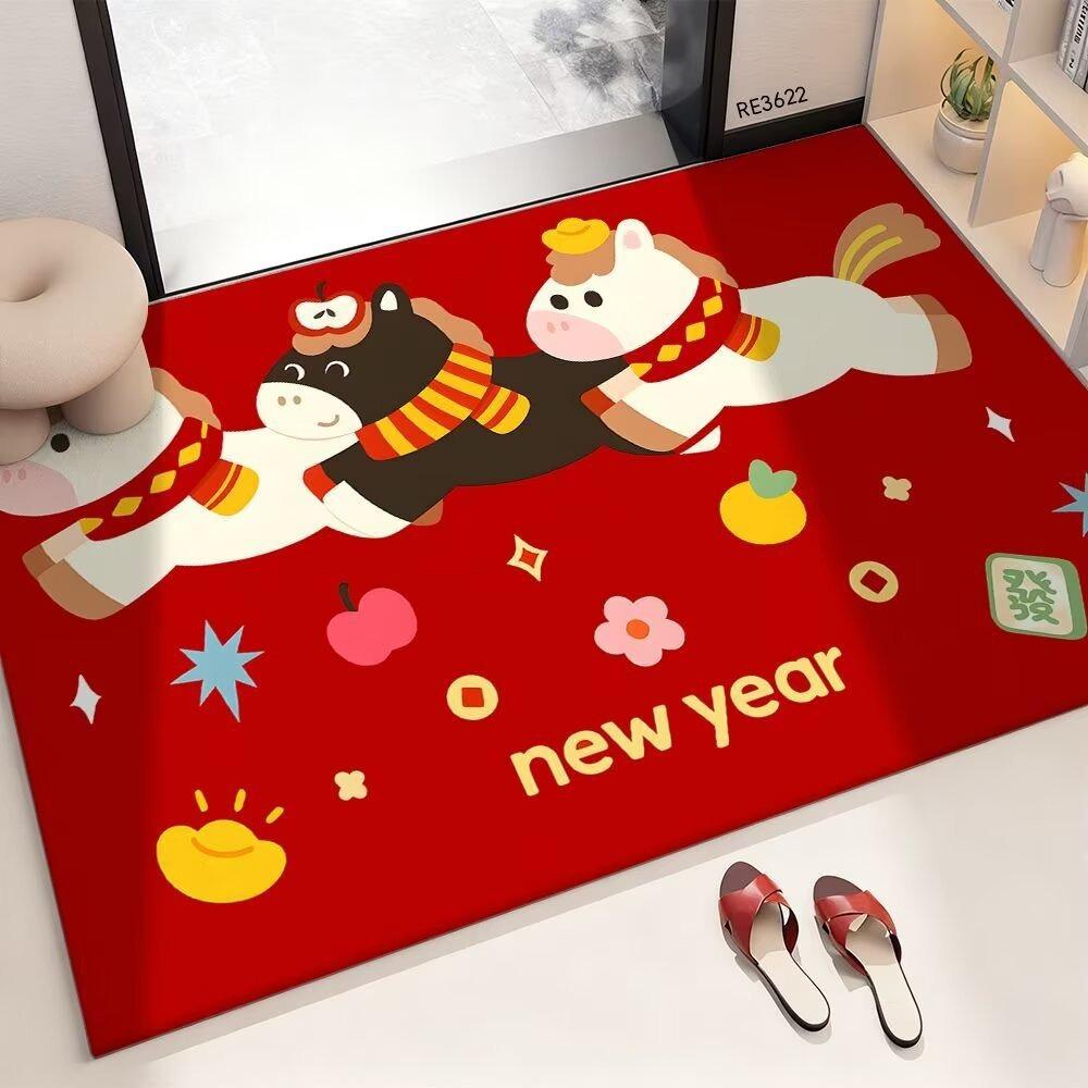New Horse Pattern New Year Door Mat Red Bath Mat Non-slip Water Absorption Foot Mat Home Decorations