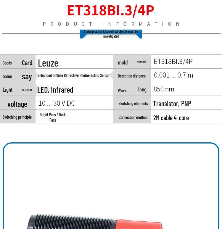 Laoisen Reflective Photoelectric Sensor ET318BI.3/2N, NPN Output, 4P, 70CM Detection Distance.