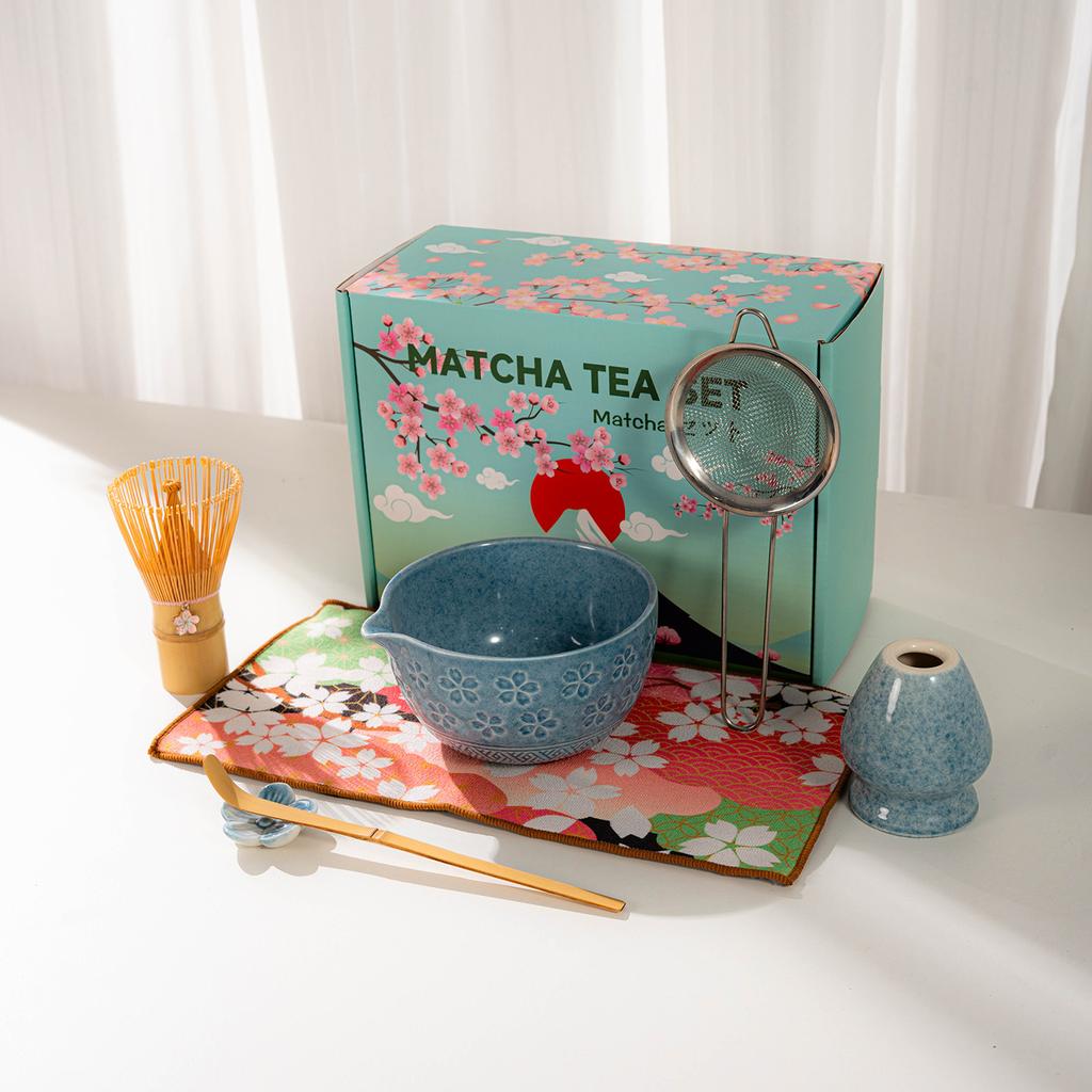 Japanese Matcha Tea Set With Cherry Blossom Pattern, Bamboo Whisk, Ceramic Matcha Bowl, Matcha Making Kit, Tea Utensils Set Gift