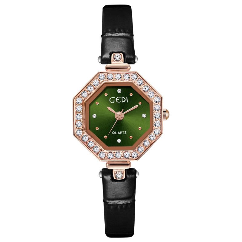 Luxe compact achthoekig horloge bezet met diamanten, niche, hoge waarde, band, dameskwartshorloge